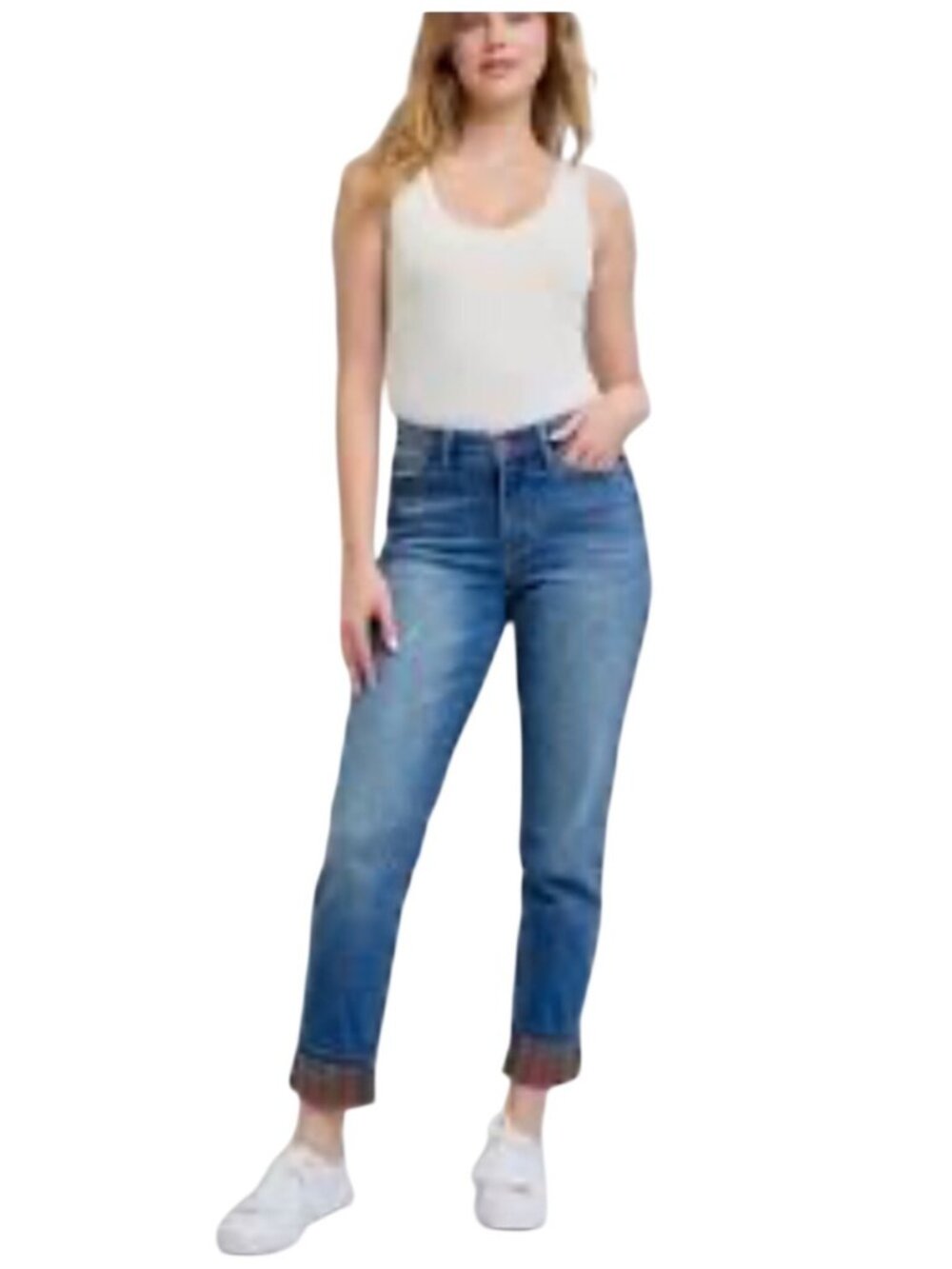 Judy Blue Mid Rise Medium Wash Plaid print Cuff Boyfriend Jeans 27 New with tags